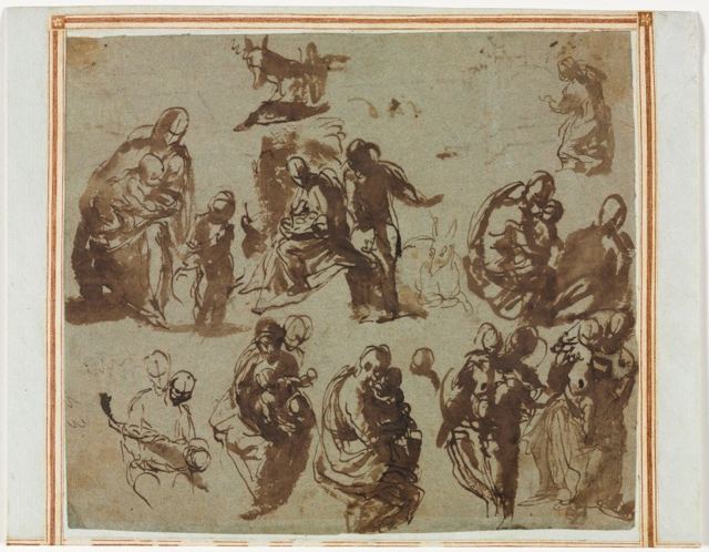 Various Sketches of the Madonna and Child (recto); Architectural Studies (verso) [partially visible on recto]